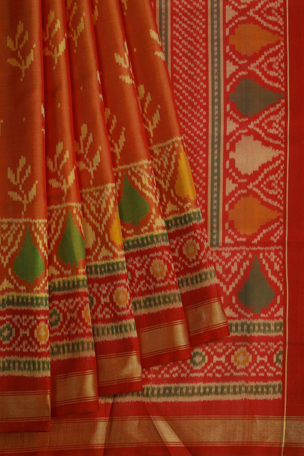 Rajkot Patola Silk Rusty-Orange Saree With Patola Leaf Motifs